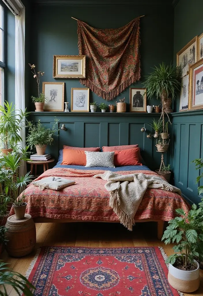 Bohemian Eclectic Bedroom with Dark Wainscoting