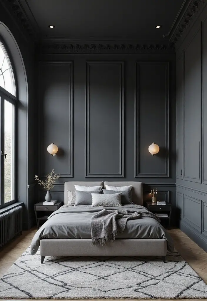 Sleek Minimalist Bedroom Featuring Black Wainscoting