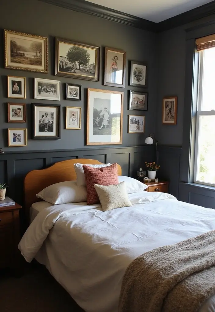 Personalized Gallery Wall in a Dark Bedroom