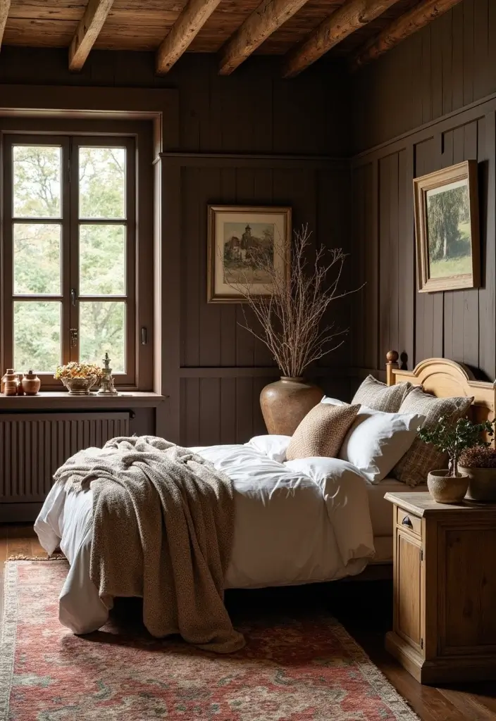 Rustic Warmth with Dark Brown Wainscoting