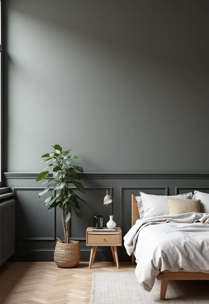 Scandinavian-Inspired Dark Wainscoting Bedroom