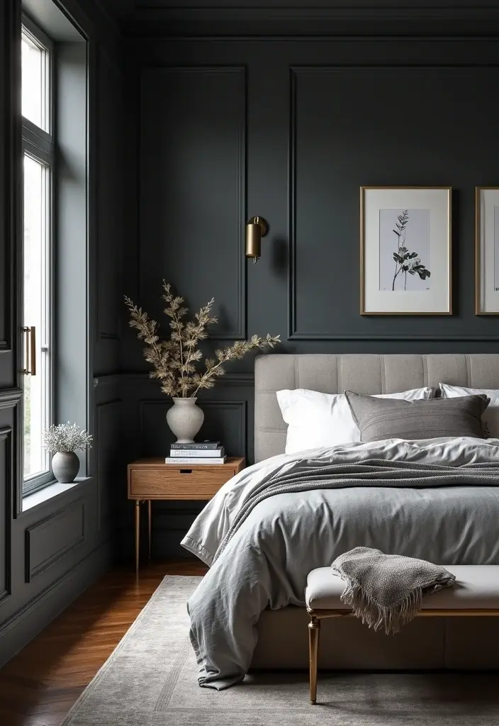 Refined Gray Accents with Dark Wainscoting