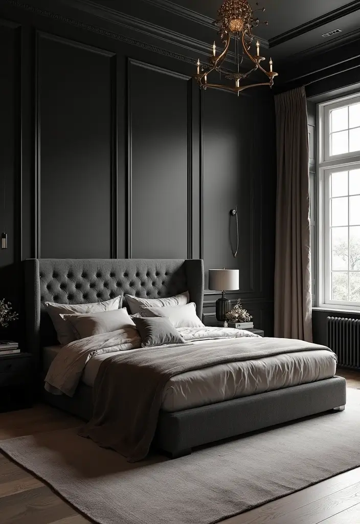 Bold Bedroom Centerpiece with Dark Wainscoting