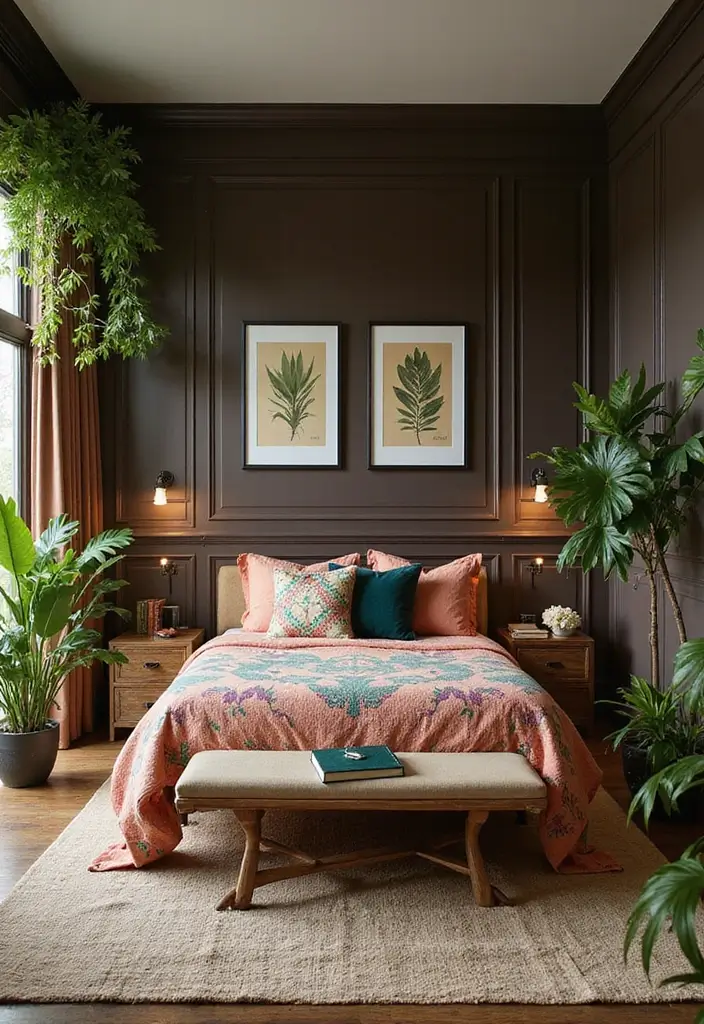 Tropical-Inspired Bedroom with Dark Elements