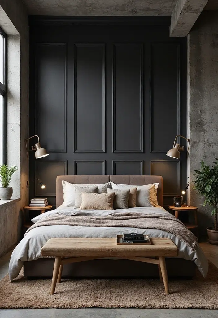 Urban Industrial Bedroom with Dark Wainscoting