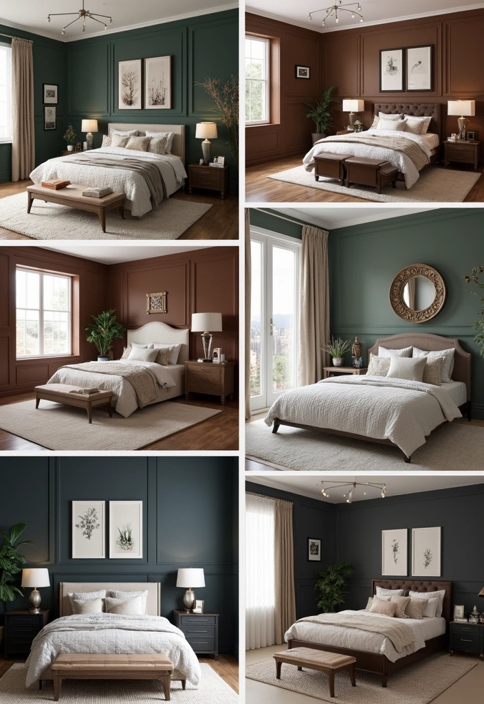Elegant Dark Brown and Black Bedroom with Wainscoting