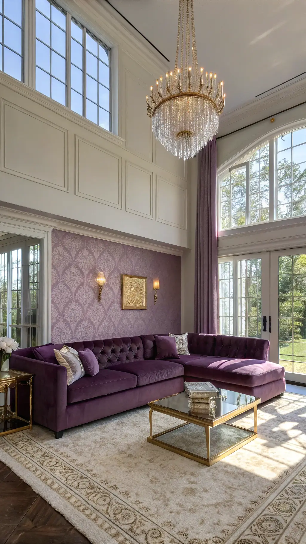 Luxurious modern living room bathed in golden afternoon light featuring aubergine velvet sectional sofa on a cream Moroccan rug, gold-leafed coffee table, crystal chandelier, and walls adorned with pale lavender silk wallpaper.