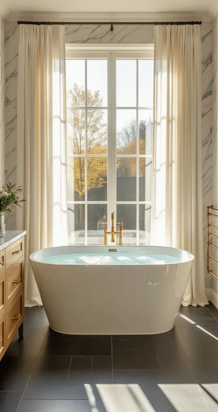 Luxurious bathroom featuring a sleek freestanding soaking tub beneath expansive windows, polished marble walls, warm wood cabinetry, matte black fixtures, and dark slate flooring bathed in gentle natural light.