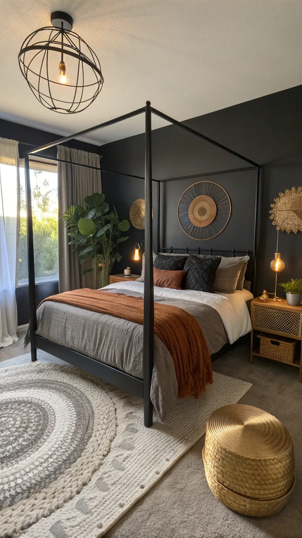 Moody bedroom with black sheer curtains, metal canopy bed, layered bedding, vintage brass lamp, hanging plants, gold mirrors, jute rug, and Moroccan side tables