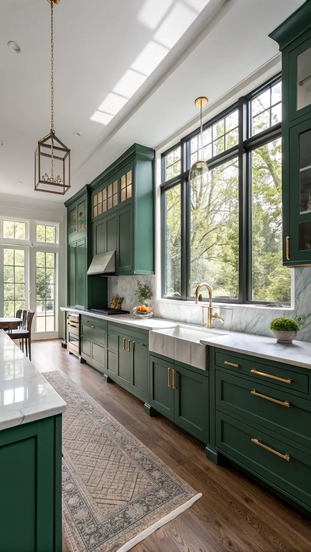 Modern kitchen with emerald green cabinets, calacatta marble countertops, brass hardware, Viking range, and morning sunlight