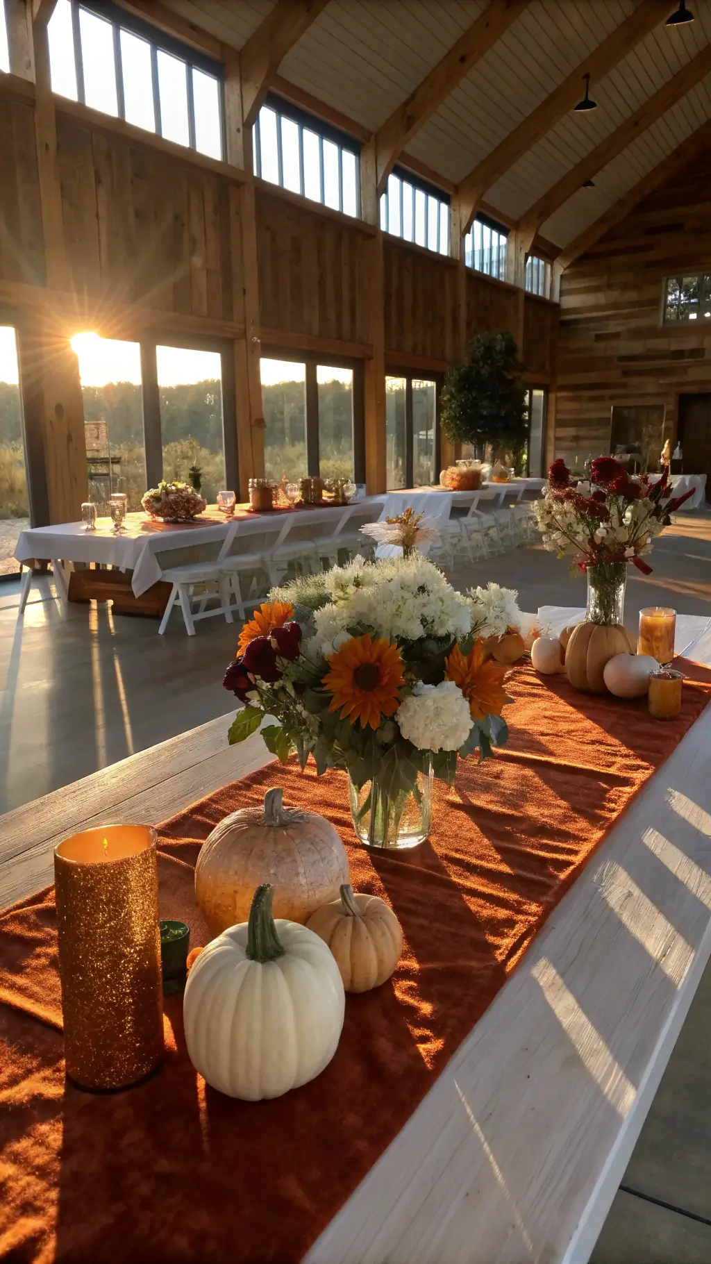 Rustic wedding reception table bathed in golden hour light with orange velvet runner, white ceramic pumpkin centerpiece, amber candles, and wooden chargers with plum napkins