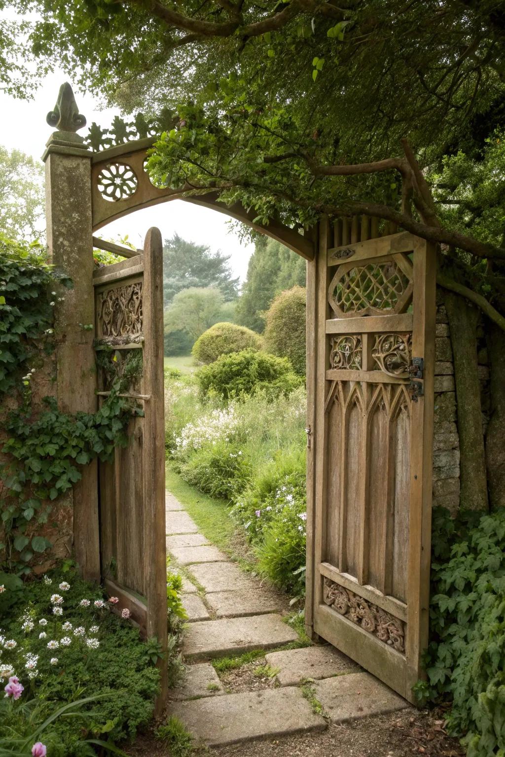 A secret garden path beckons beyond the wooden gate.