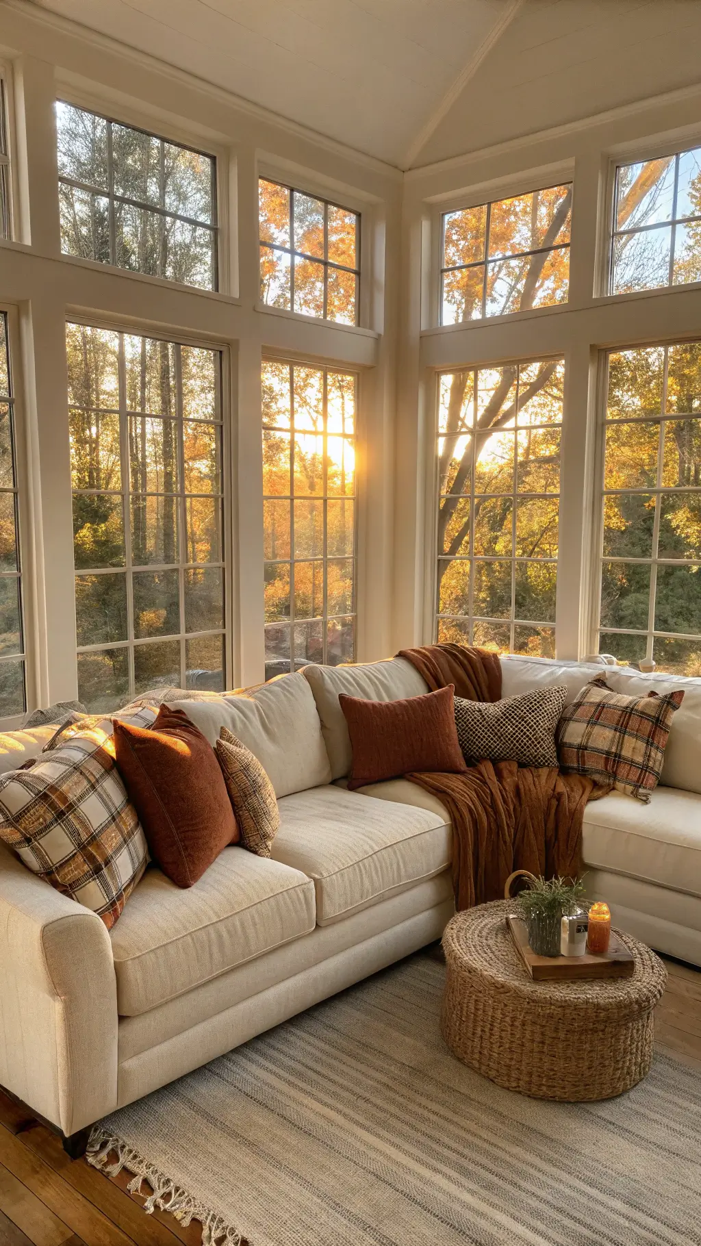 Warm and inviting living room bathed in golden sunlight with cream linen sectional adorned fall colored pillows natural oak floors and copper accents