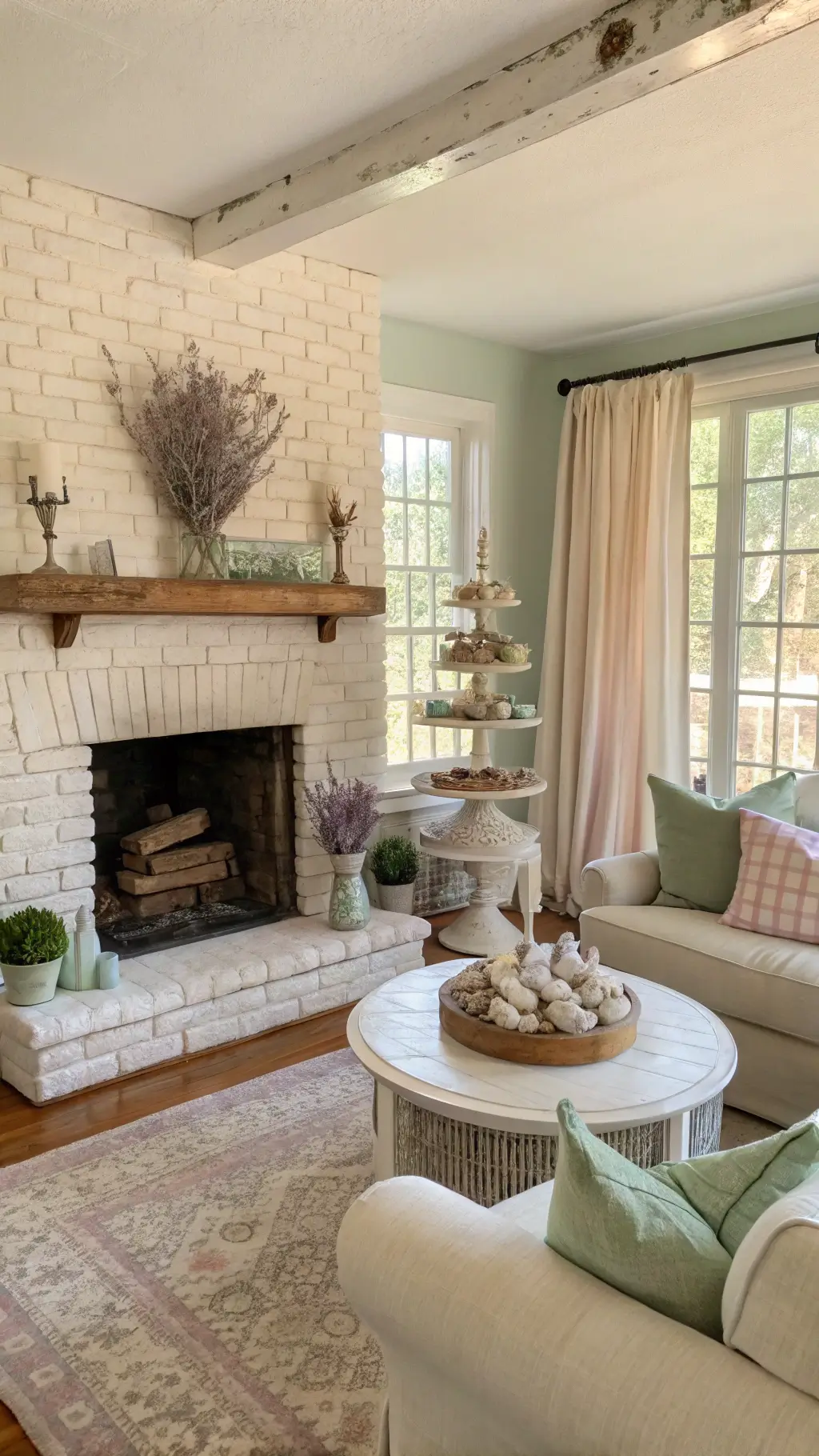 Sunlit farmhouse living room with whitewashed brick fireplace, vintage cream sofa, gingham pillows, and weathered oak coffee table styled rustic spring decor shot at golden hour.