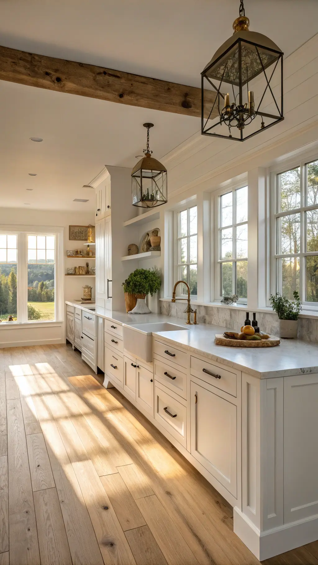 sunny farmhouse kitchen with white shaker cabinets oak floors and a large weathered wood island topped marble. vintage brass accents earthenware on open shelves. view from the entrance warm light streaming through windows onto herb-lined sink.