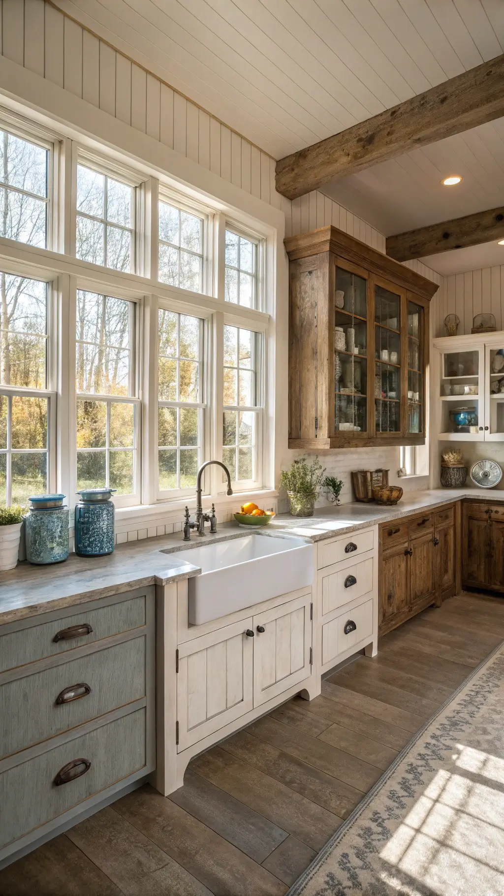 spacious farmhouse kitchen with reclaimed oak cabinets antique brass hardware and warm light streaming from large windows displaying collections of vintage pottery earthenware