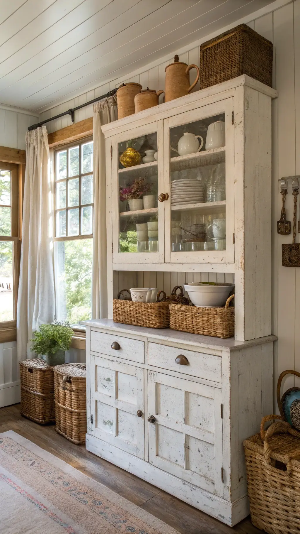 Bright farmhouse kitchen featuring a tall white hutch against shiplap walls, adorned with cream ironstone, vintage mason jars, woven baskets, and copper cookware.