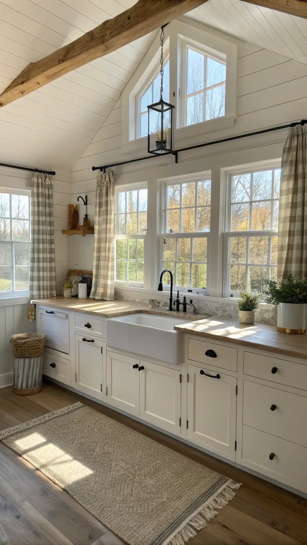 sunny farmhouse kitchen with vaulted ceiling, vintage sink, and weathered oak floors highlighted by golden hour light featuring creamy shiplap walls, matte black hardware, brass fixtures, buffalo check decor