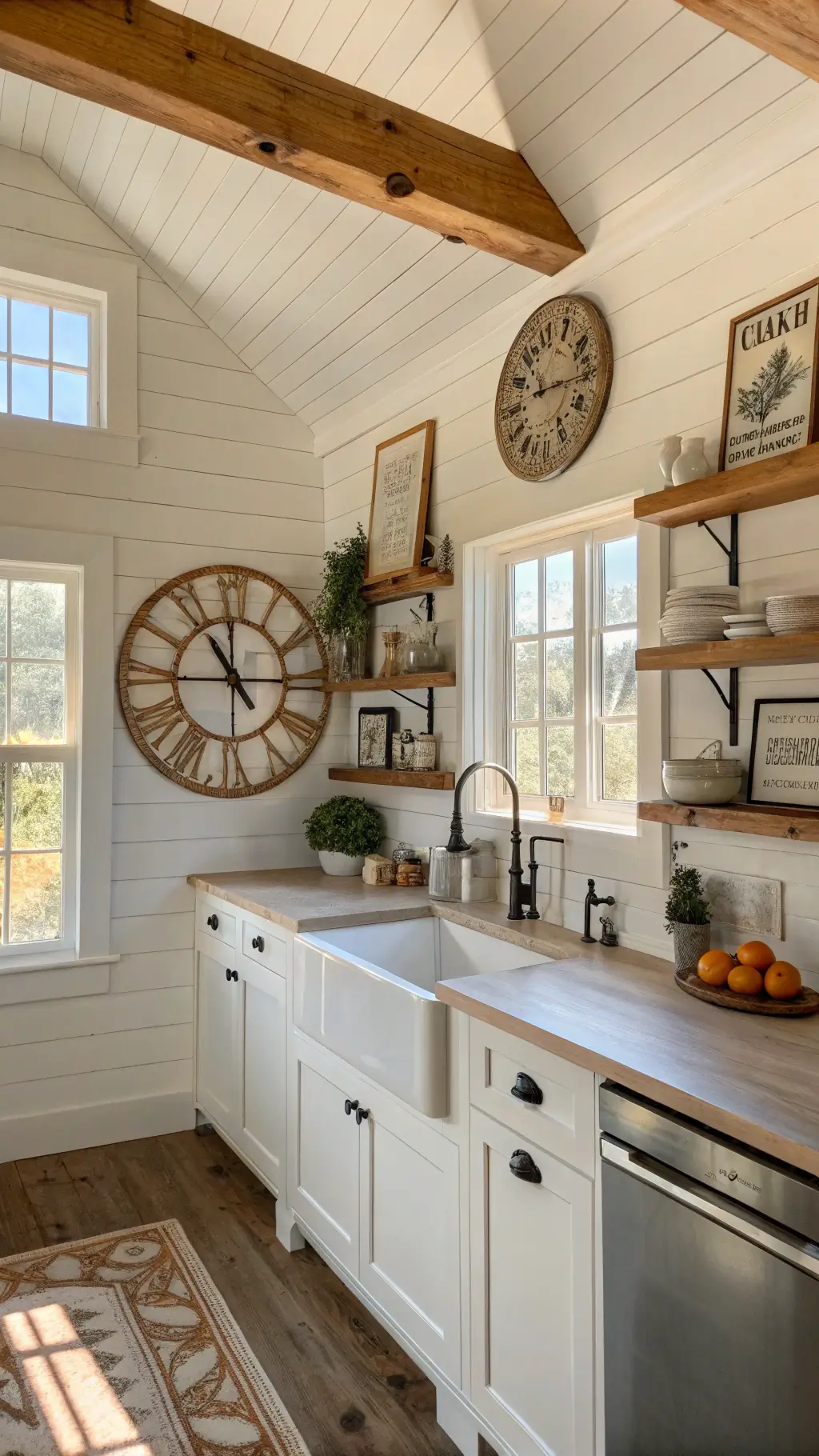 Farmhouse kitchen with exposed wooden beams, distressed copper clock, enamelware on reclaimed shelves, botanical artwork, and creamy white shiplap walls bathed in golden light