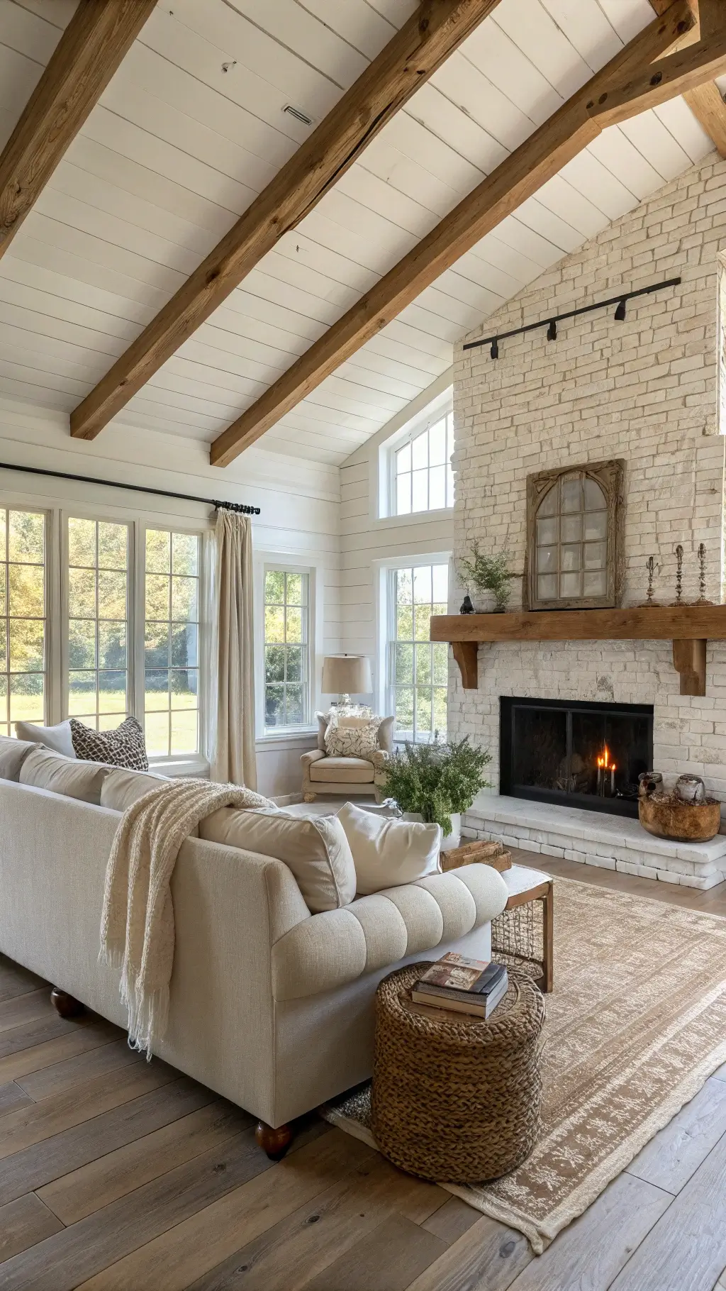 Sunlit farmhouse living room with high ceilings, exposed beams, white oak floors, plush cream sectional, whitewashed brick fireplace, and textured decor details, shot at golden hour.