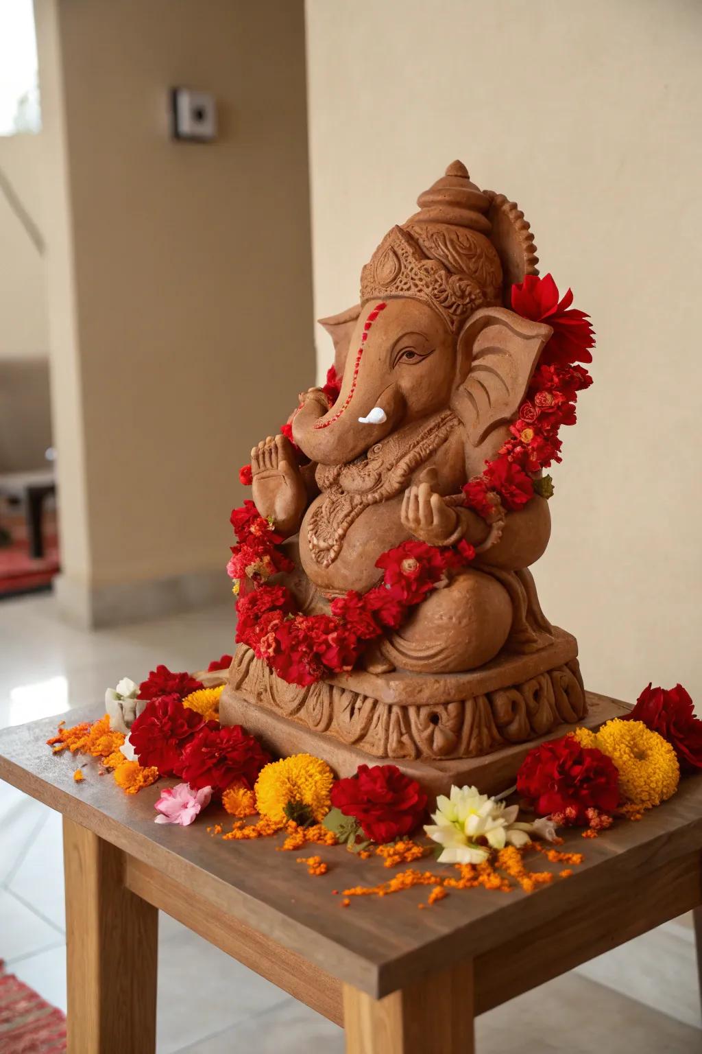 Handmade clay Ganesha idol adding a unique charm to the festival decor.