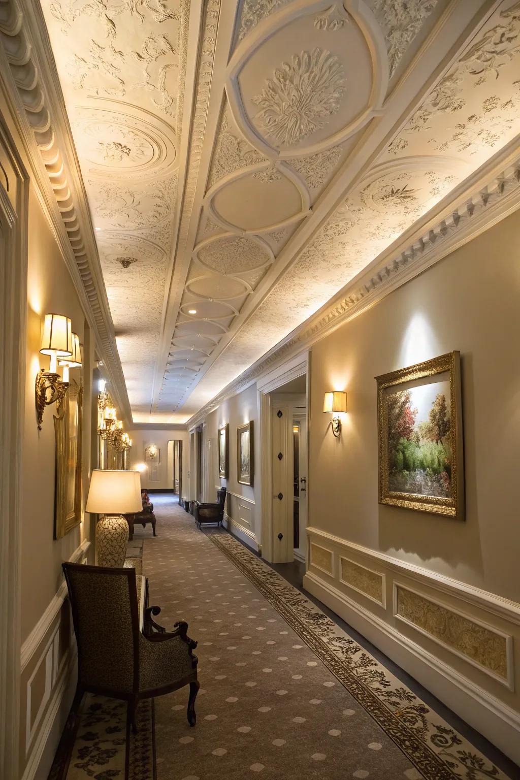 An elegantly styled hallway adorned with wide crown molding, enhancing its refined atmosphere.