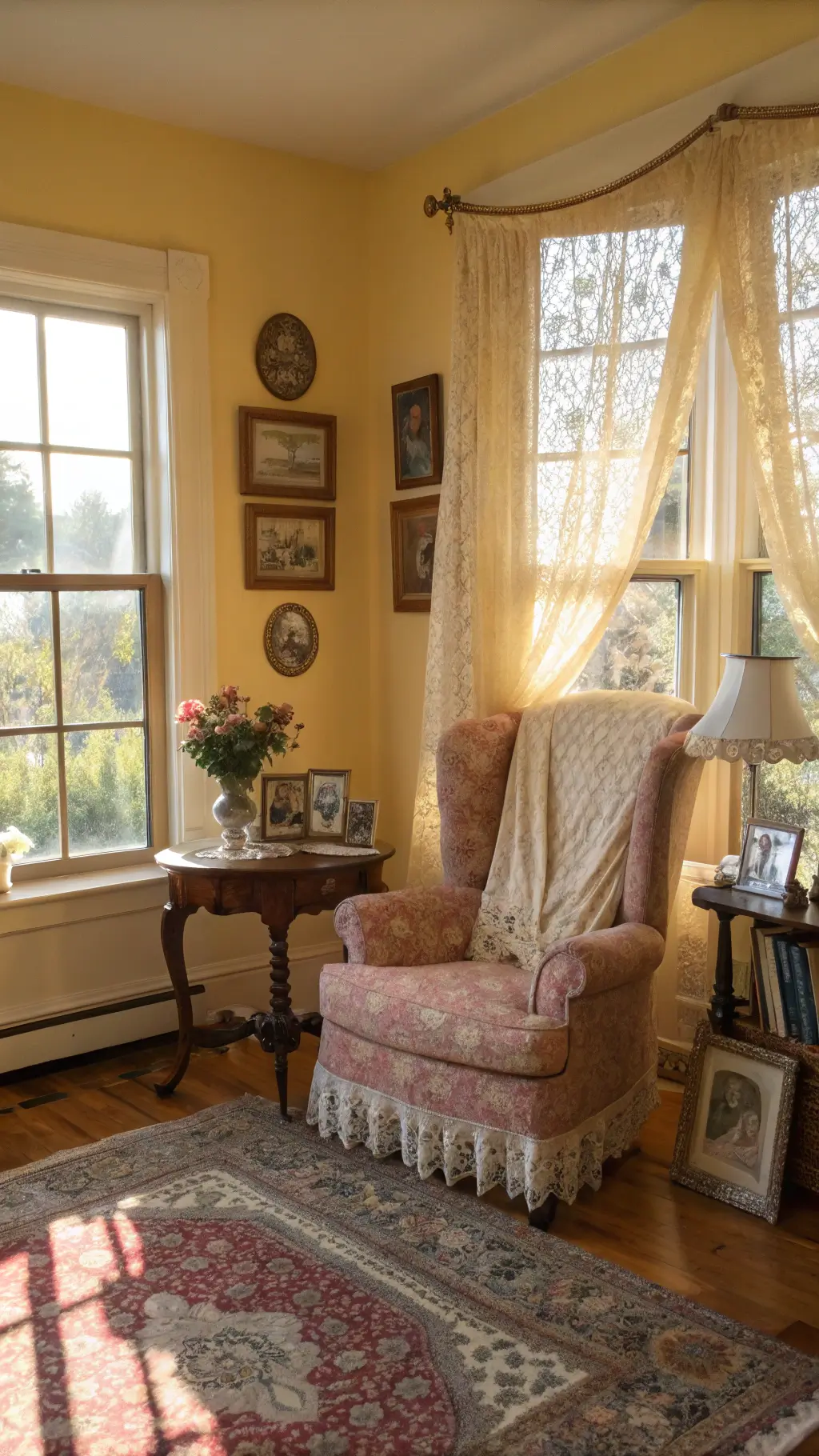 Sunlit living room with bay windows, oversized floral wingback chair, vintage side tables, brass-framed photos, yellow walls with botanical prints, and Persian rug.