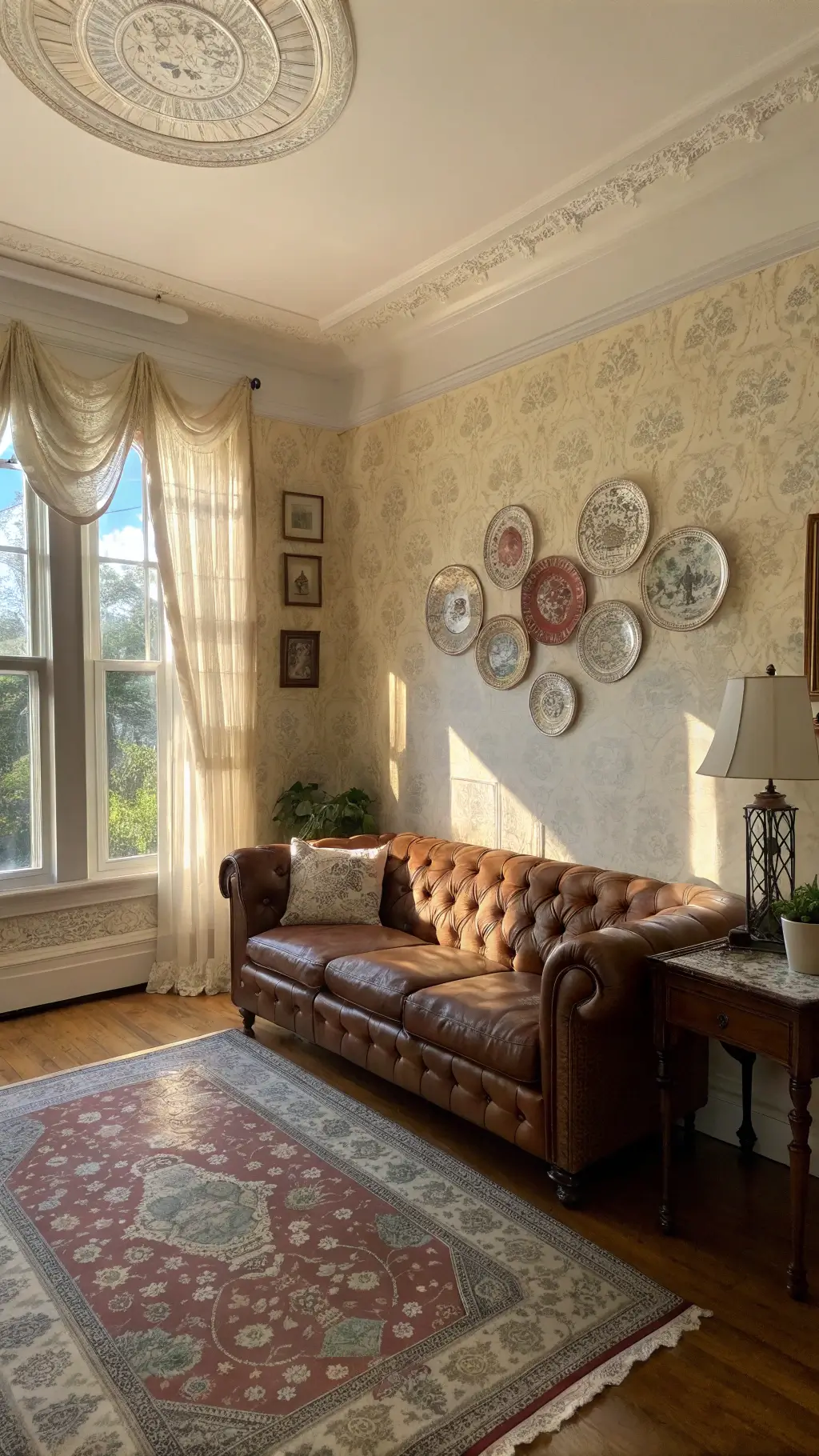 Sunlit living room with vintage decor including Chesterfield sofa, lace curtains, floral wallpaper, crocheted cushions, china plate gallery wall, and honey-toned hardwood floors captured in golden hour.