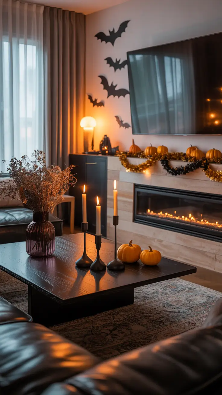 Elegant Halloween Mantle with TV Focus