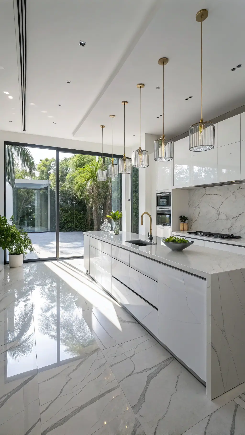 Modern sunlit kitchen with ultra-white high gloss cabinets, waterfall marble countertop island, minimalist brass hardware, pendant lights, subtle greenery, and an artisanal ceramic bowl.