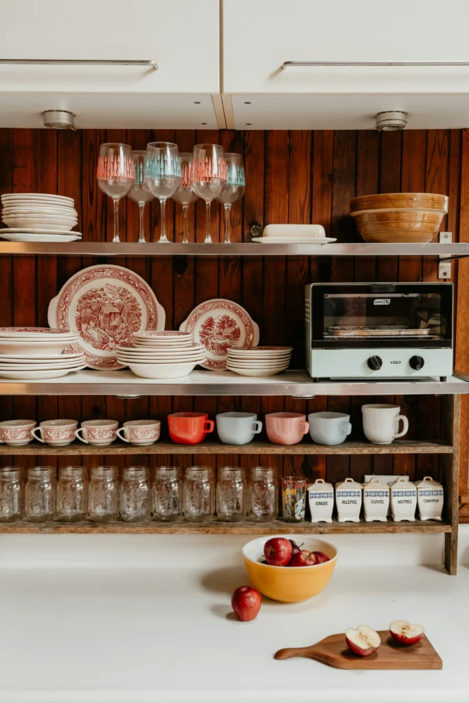 Vintage kitchen with open shelving and warm wood