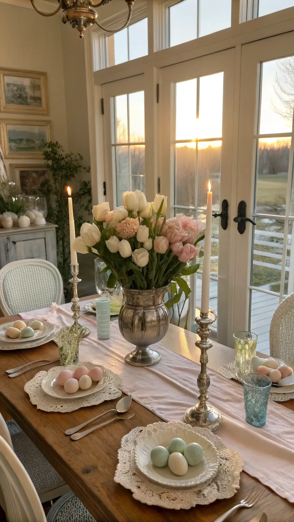 Easter tablescape in a sunny dining room with pastel linens, ceramic eggs, hydrangea and tulip centerpiece, antique candlesticks, soft natural light shadows