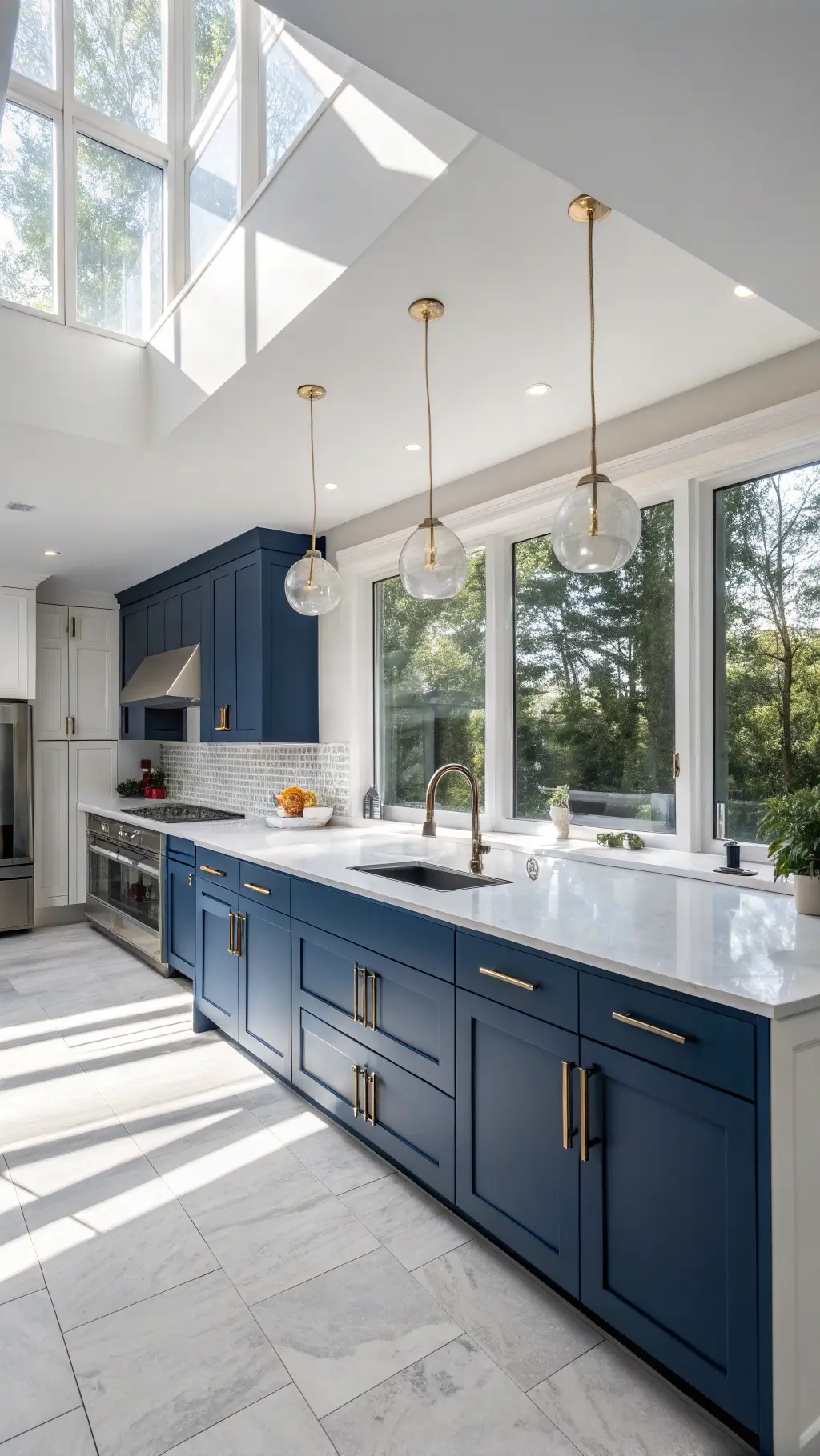 Modern kitchen with blue IKEA SEKTION cabinets, white quartz countertops, and brass fixtures