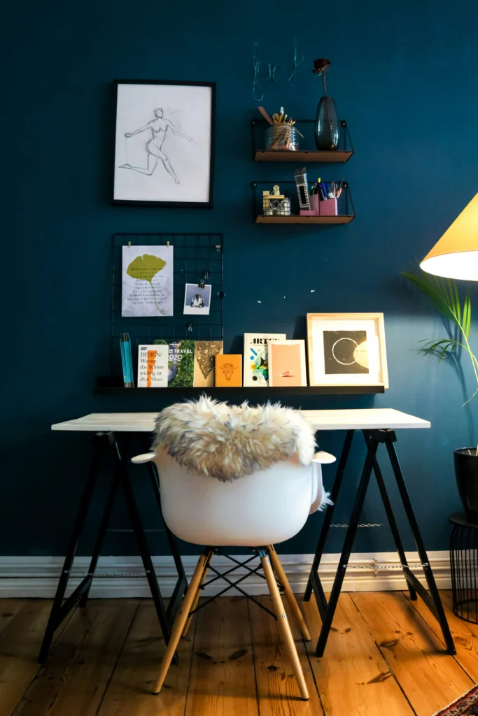 Home office with vibrant and calming color scheme