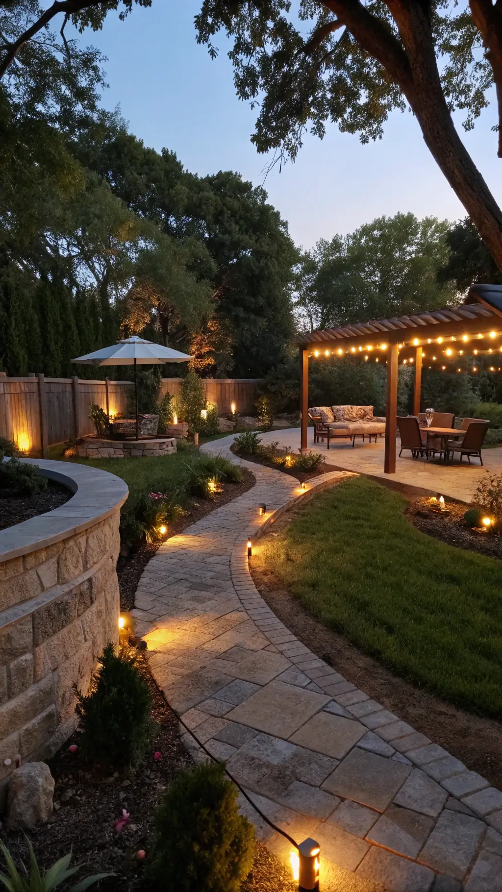 Twilight garden with illuminated stone pathway and softly lit oak trees