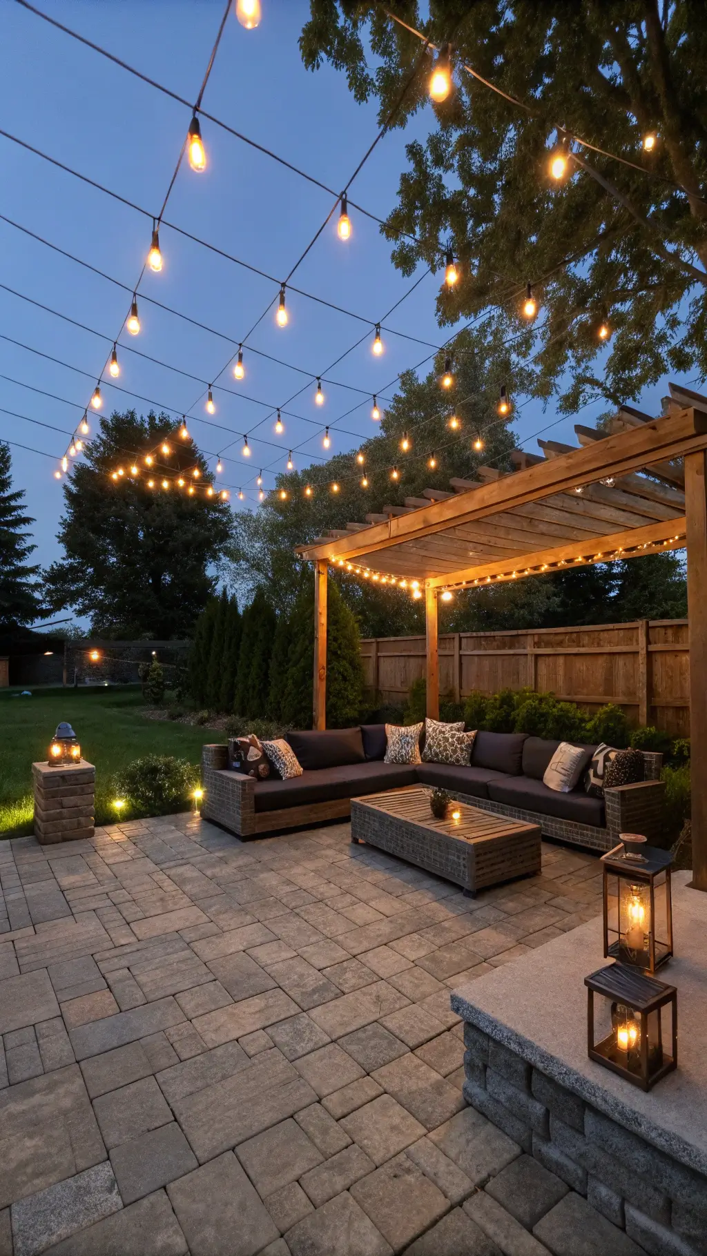 Cozy backyard patio at twilight with vintage-style string lights, rustic wooden furniture, cushioned sectional sofa, and glowing lanterns surrounded by lush plants and subtle uplighting under a serene evening sky.