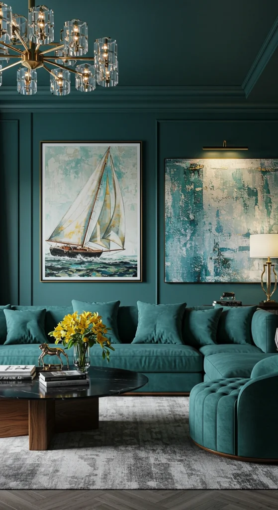 Luxurious teal living room design