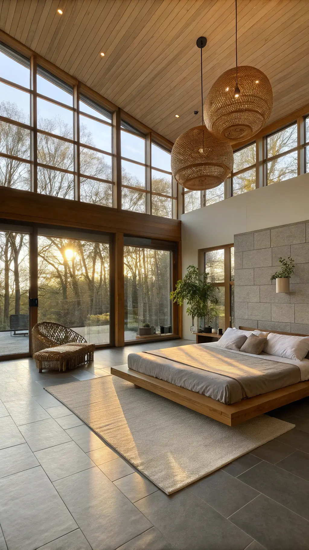 Spacious living room illuminated by golden hour light through floor-to-ceiling windows, featuring a low-profile oak platform bed with oatmeal linen bedding, bamboo pendant lights, minimal décor with ceramic vessels and an ikebana arrangement, walls in warm greige, and natural stone flooring extending to a zen garden.