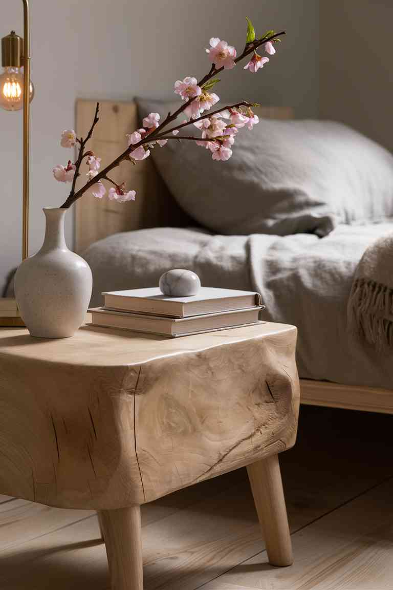 Japandi-inspired bedside table with light oak wood, ceramic vase with cherry blossom branch, minimalist brass lamp, and neutral-toned books, with a low bed in soft beige linen in the background.