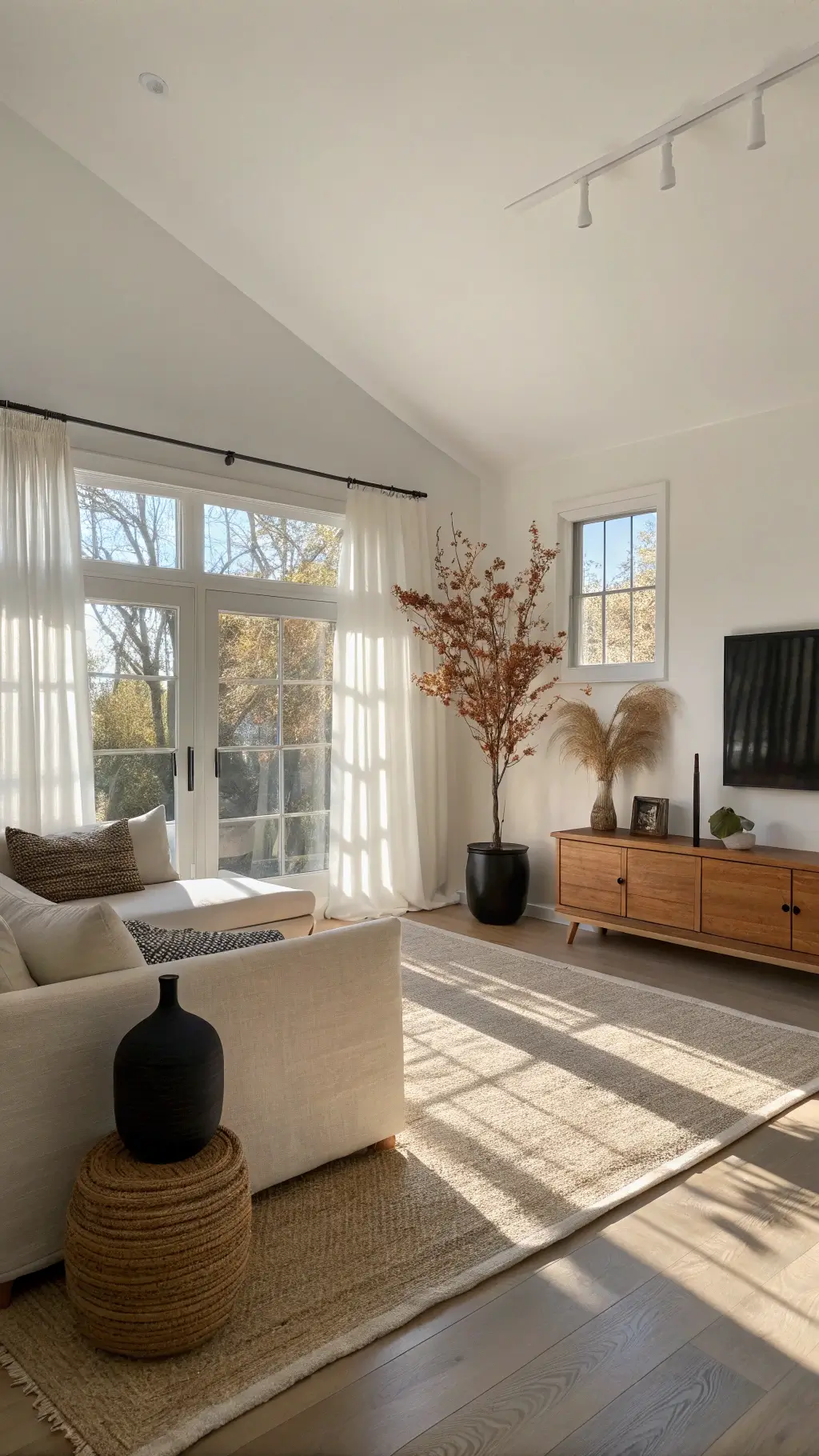 Minimalist living room with Japandi vases on oak console