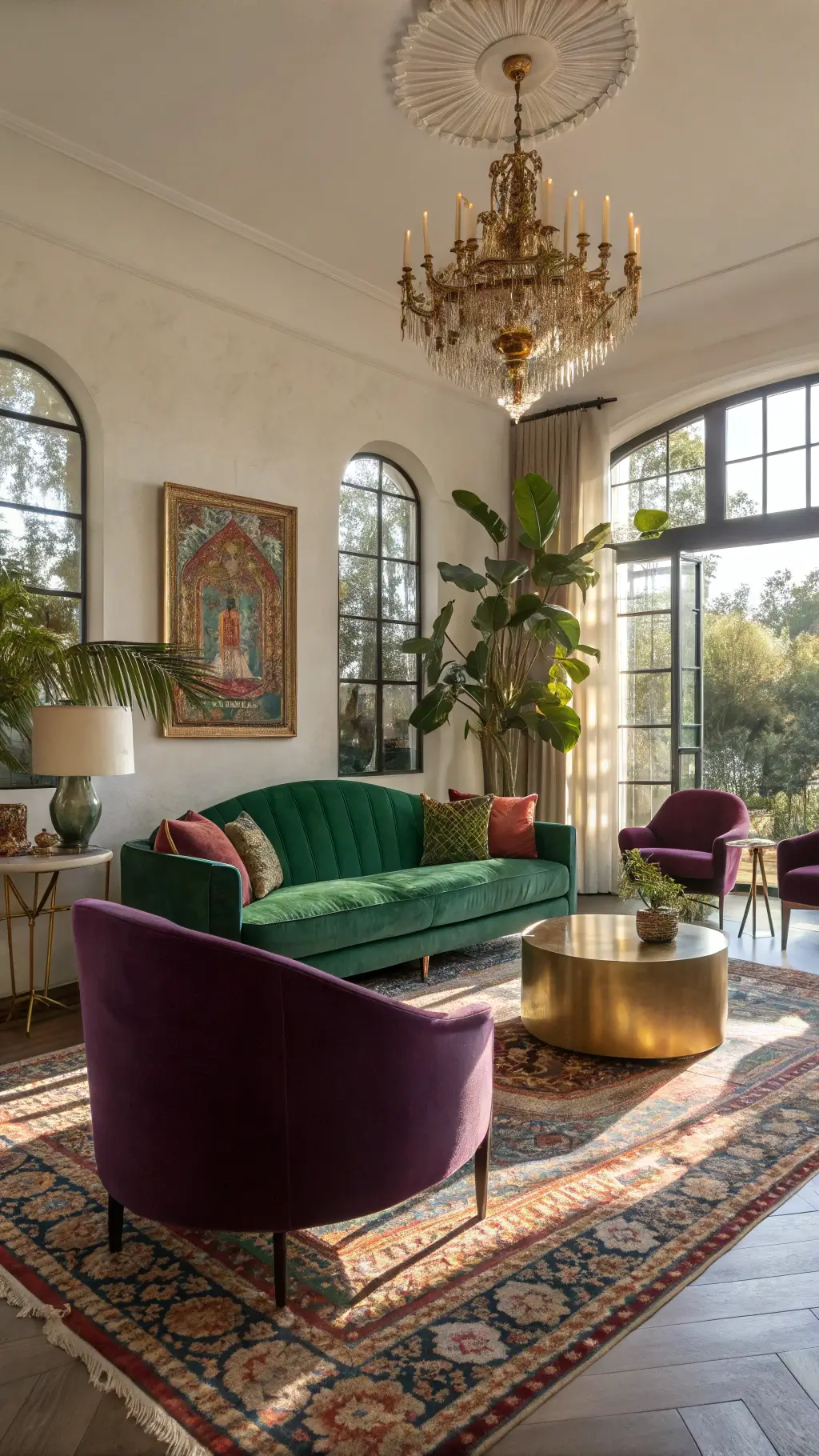 Maximalist living room bathed in golden hour light with emerald velvet sofa, purple chairs, brass chandelier, layered rugs, vintage tables, fiddle leaf fig trees, and eclectic art on walls
