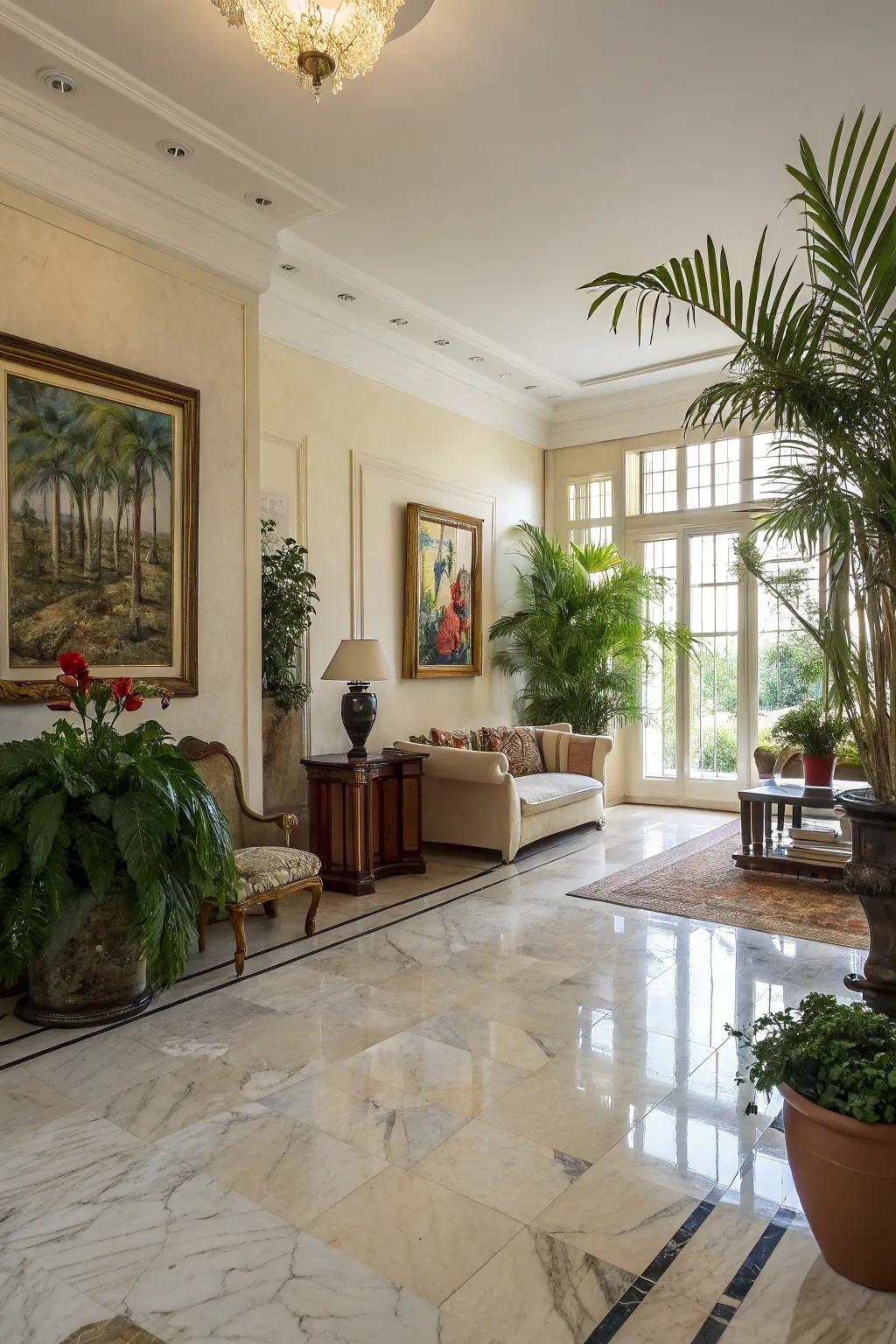 Signature decor pieces complement marble flooring beautifully.