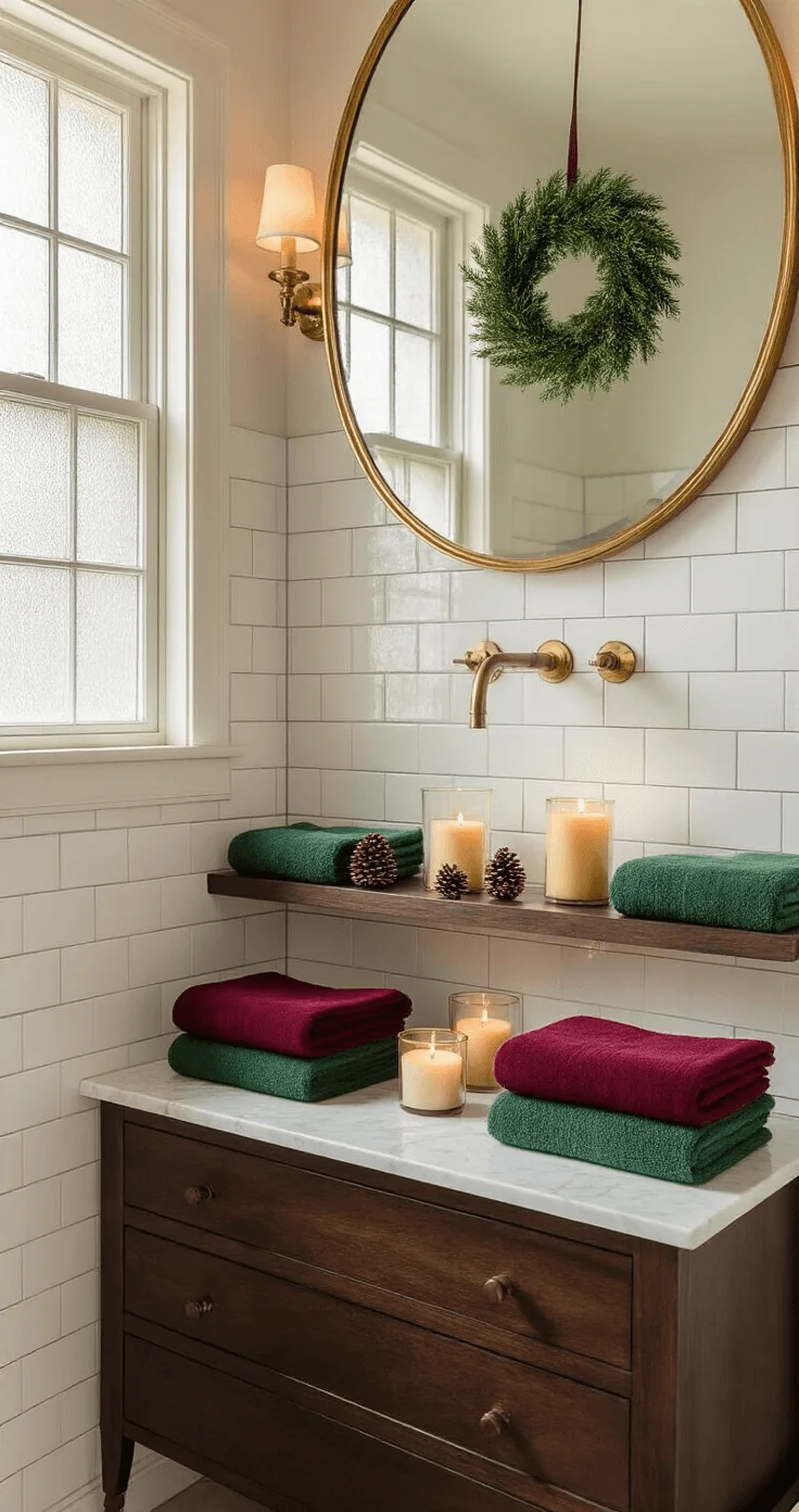 Enchanting Christmas Bathroom Makeover: Elevate Your Space in 60 Minutes Elegant bathroom with white subway tiles, dark wood vanity, and warm sunlight filtering through frosted glass. Deep red and forest green towels are artfully arranged on floating shelves. An evergreen wreath adorns a brass-framed mirror, while cinnamon-scented candles and tiny pine cones decorate a marble countertop. The rich burgundy and emerald accents contrast beautifully with crisp white walls, enhanced by soft natural and LED lighting.