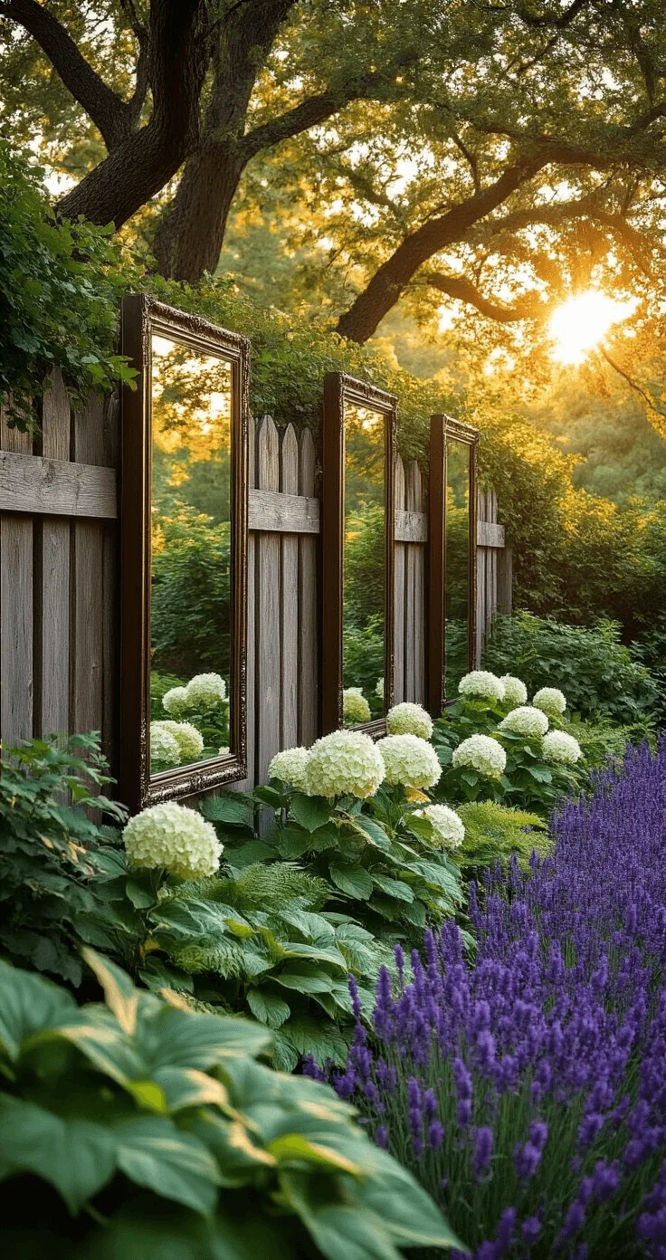 Elevate Your Garden with Reflective Mirrors Sunlit garden scene showcasing durable acrylic mirrors mounted on a weathered wooden fence, reflecting vibrant white hydrangeas and lavender blooms. Surrounding the mirrors are lush hostas and ferns, with soft light casting intricate shadows on mossy stone paths.
