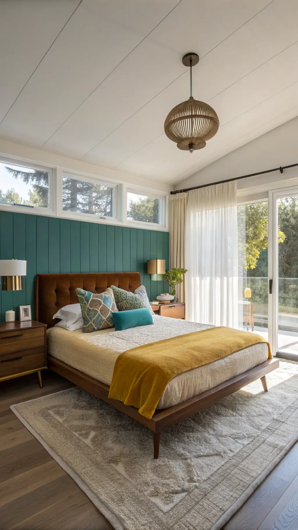 Mid-century modern bedroom featuring walnut platform bed, brass pendant lighting, Eames lounge chair, and teal accent wall at golden hour