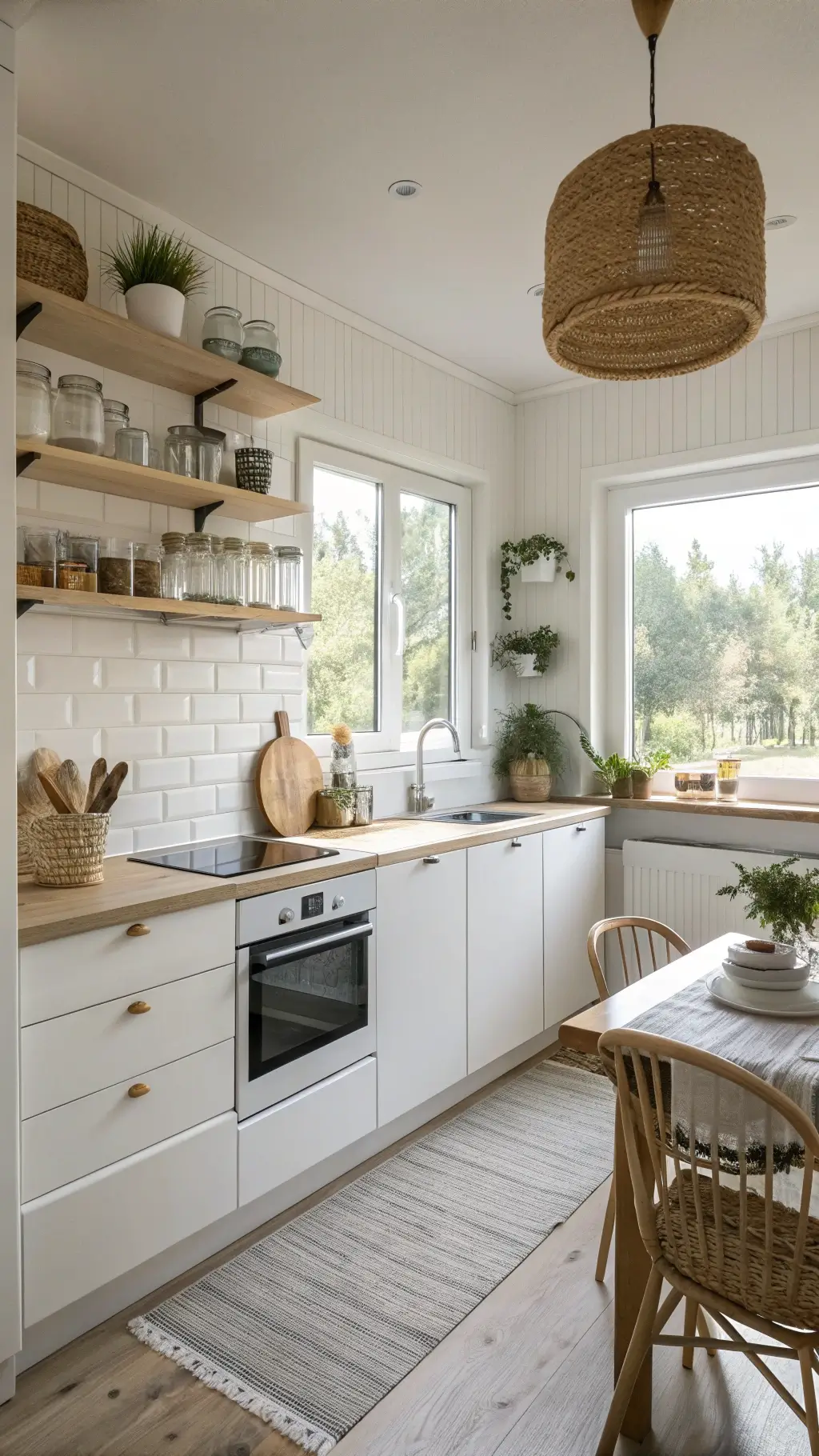 Scandinavian style mini kitchen with white cabinets and warm wood accents
