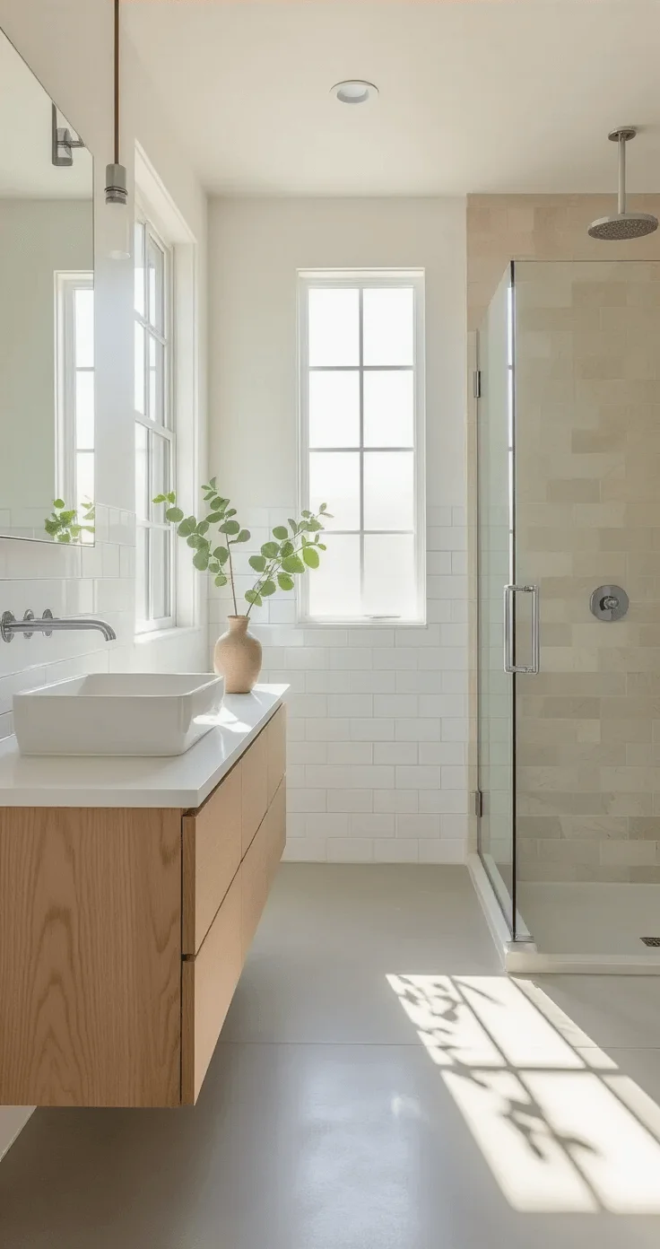 A tranquil minimalist bathroom featuring white subway tiles, a floating oak vanity, polished concrete flooring, and a frameless glass shower illuminated by soft morning light.