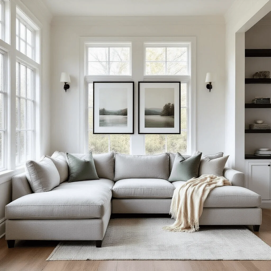 Simplified Color Schemes for a Calm Home Elegant minimalist living room with white walls, natural light, light gray sectional sofa, sage green pillow, cream blanket, black framed gallery wall, and natural oak flooring.