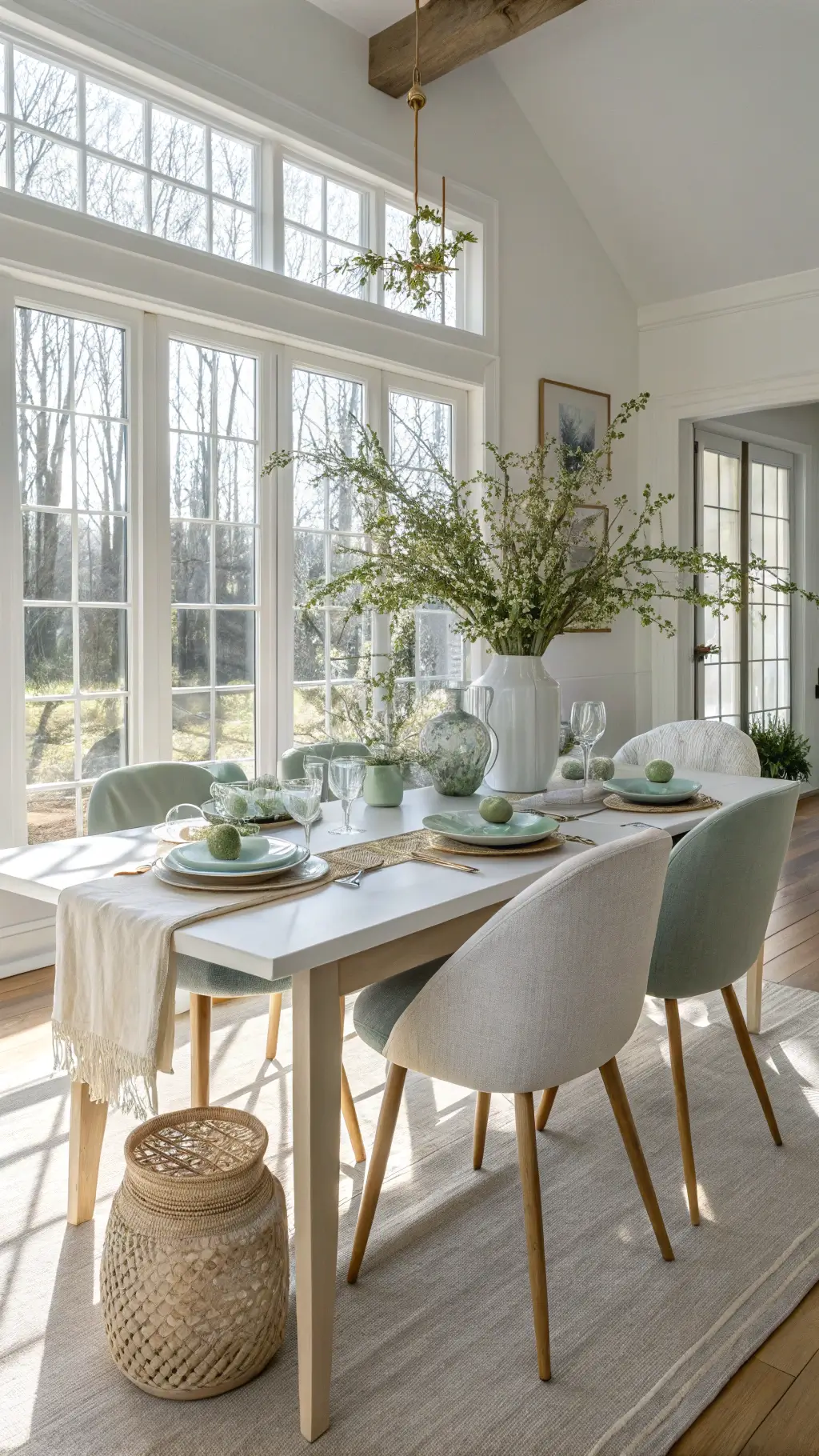 Modern minimalist Easter dining room with sunlight streaming through floor-to-ceiling windows, oak table adorned with matte white ceramic place settings, brushed gold flatware, and peonies in glass vases surrounded by sage green linen chairs.