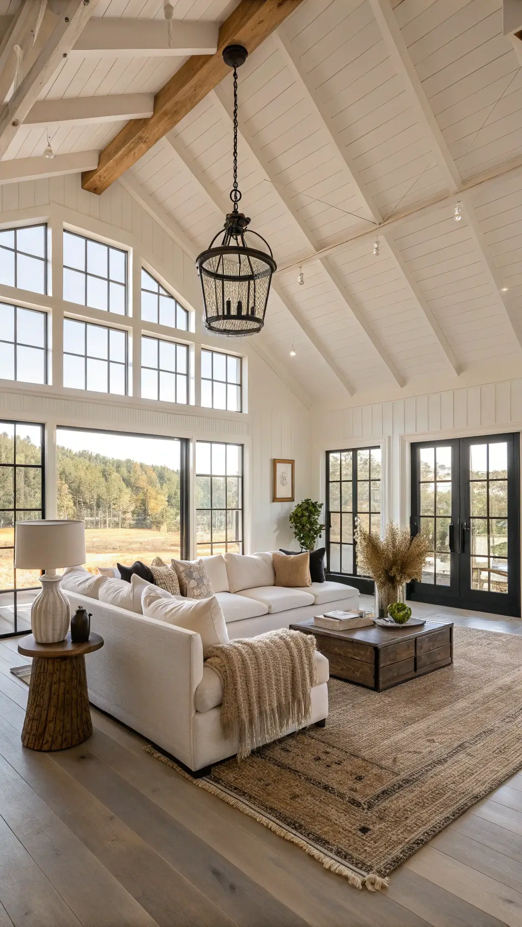 spacious open-concept living room with white-beamed ceiling, large black-framed windows, cream sectional, vintage lantern chandelier, distressed wood coffee table, vases and pampas grass, layered rugs at golden hour